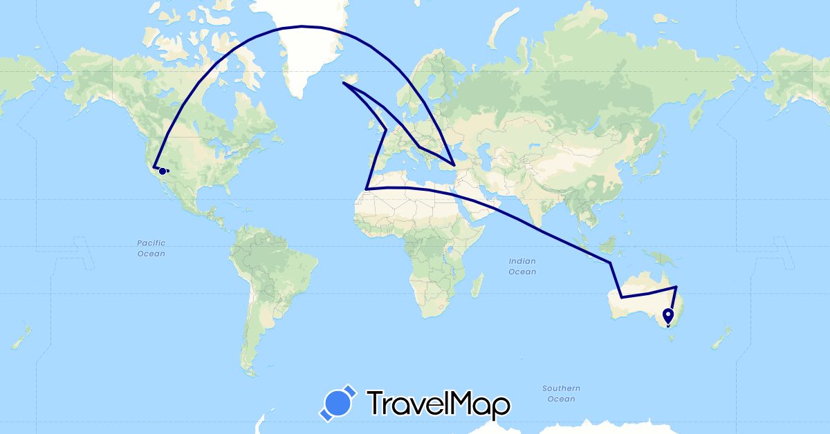 TravelMap itinerary: driving in Australia, United Kingdom, Croatia, Indonesia, Iceland, Sri Lanka, Morocco, Turkey, United States (Africa, Asia, Europe, North America, Oceania)